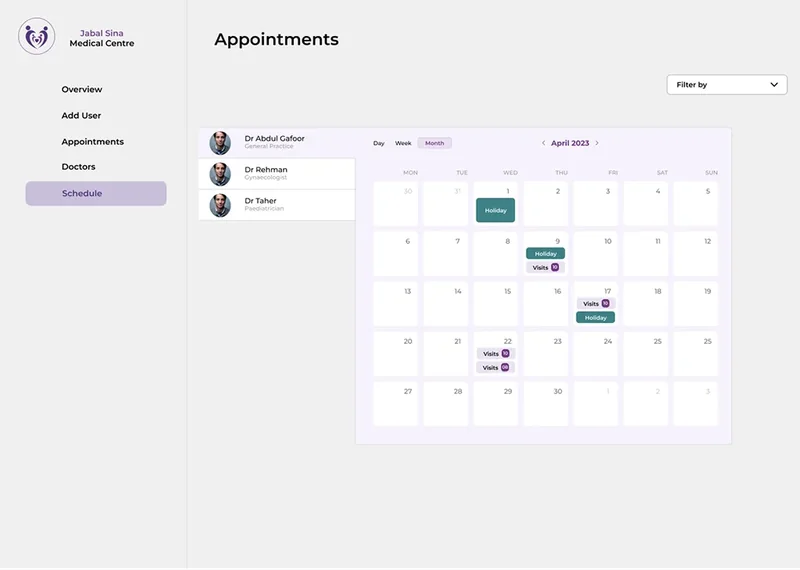Jabal Sina administrative portal showing the appointment schedule