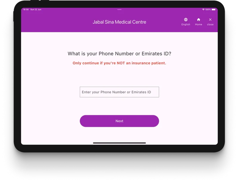 Jabal Sina patient registration kiosk running on a tablet