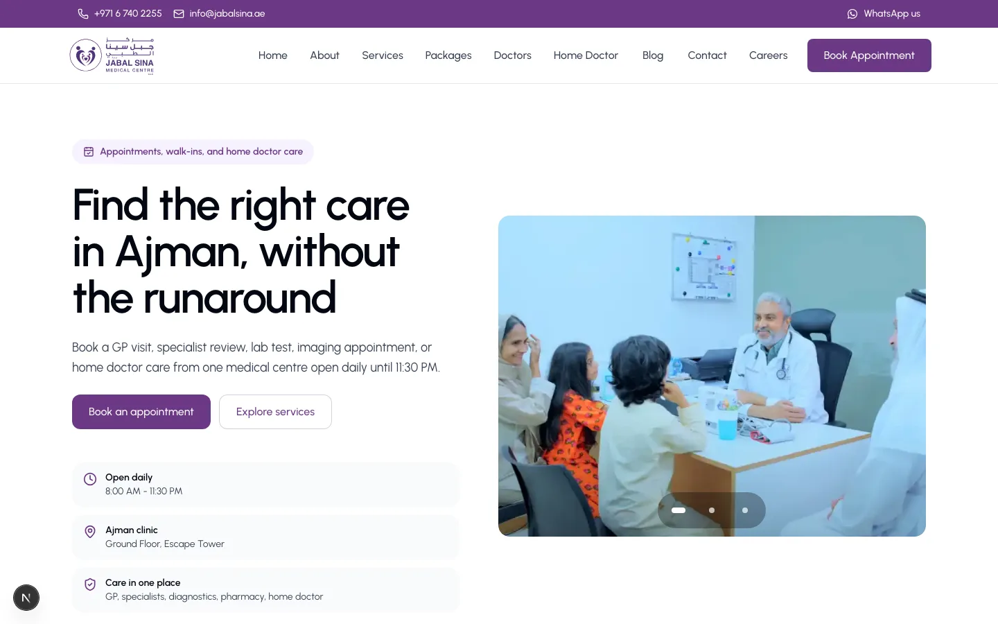 Jabal Sina Medical Centre website with appointment booking and clinic information