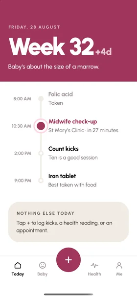 SmartMum pregnancy dashboard with a populated daily care timeline and appointment reminder