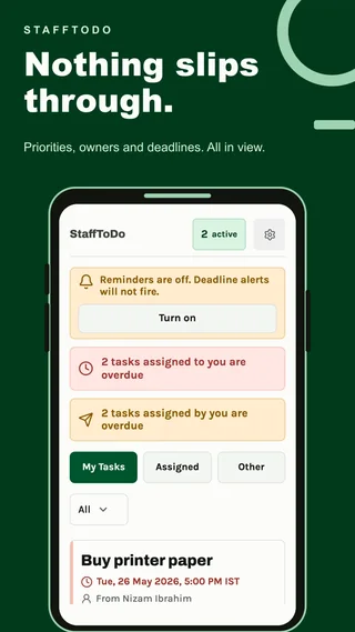 StaffToDo release artwork showing its mobile task dashboard